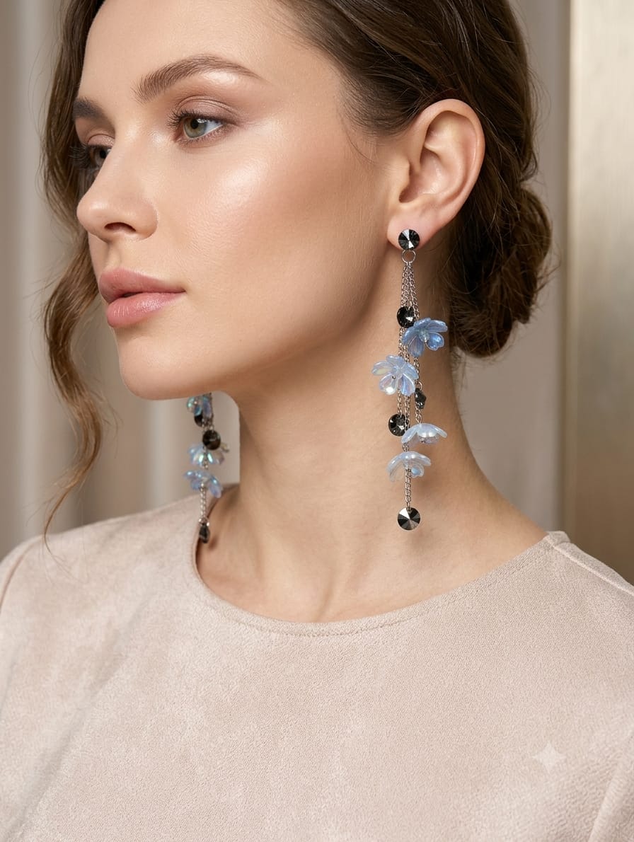 floral crystal long drop earring