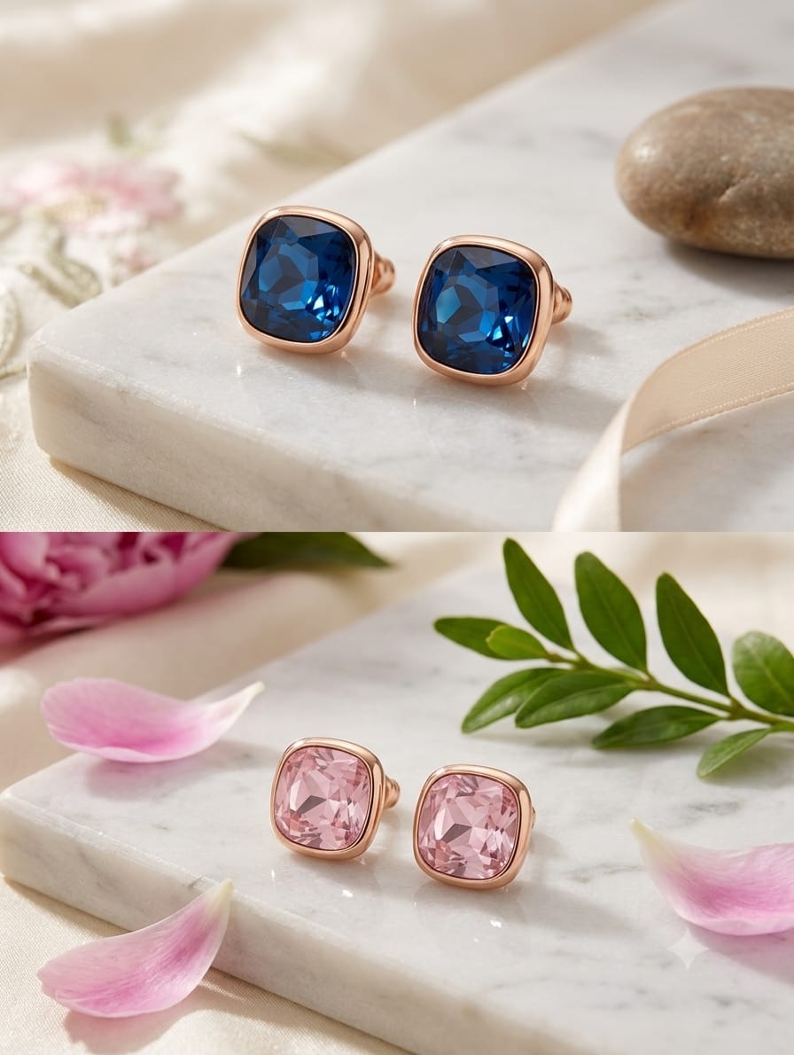 Cushion -Cut Crystal Bezel Stud Earring Set