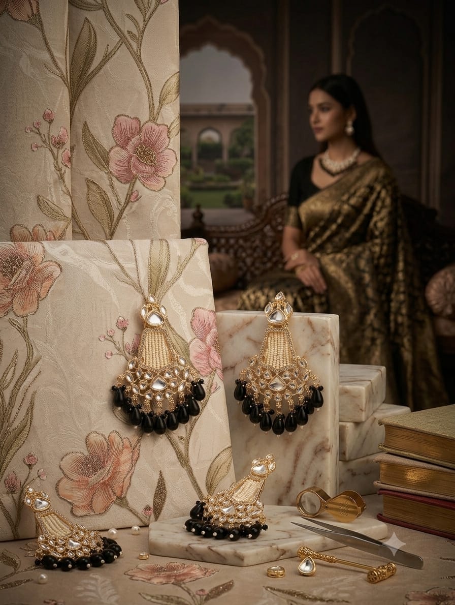 gold plated black bead kundan chandbali earring