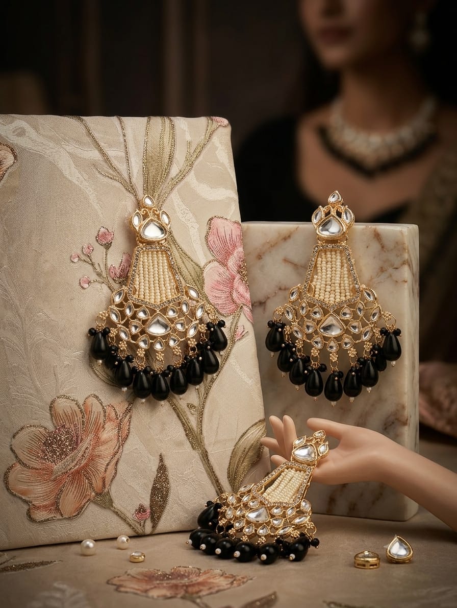 gold plated black bead kundan chandbali earring