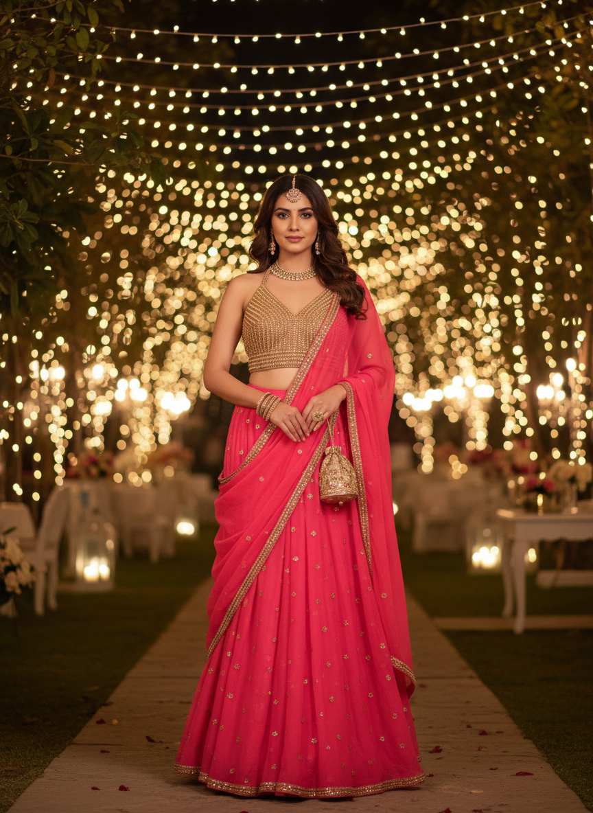Gold and pink embellished wrap dress