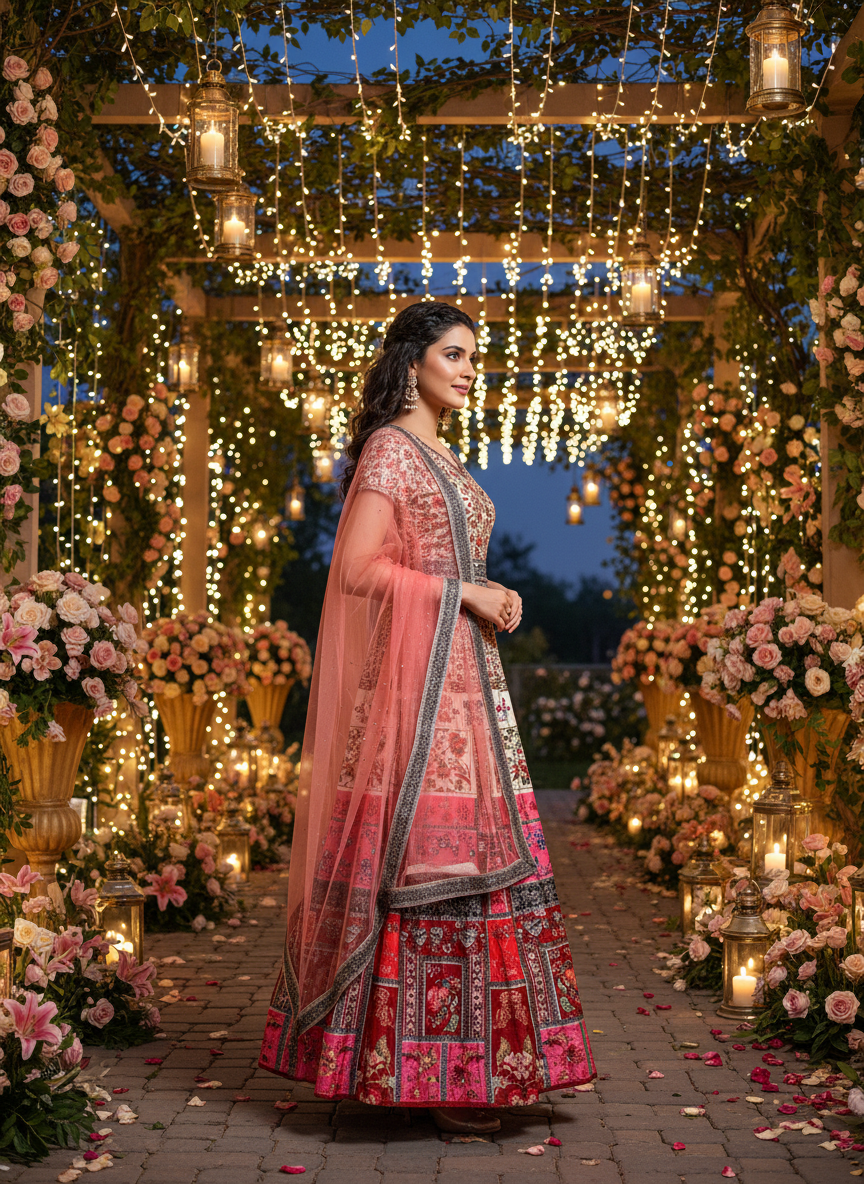 White and pink revouge lehenga