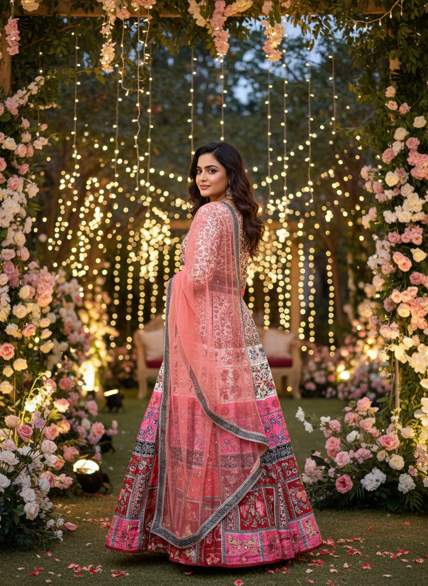 White and pink revouge lehenga