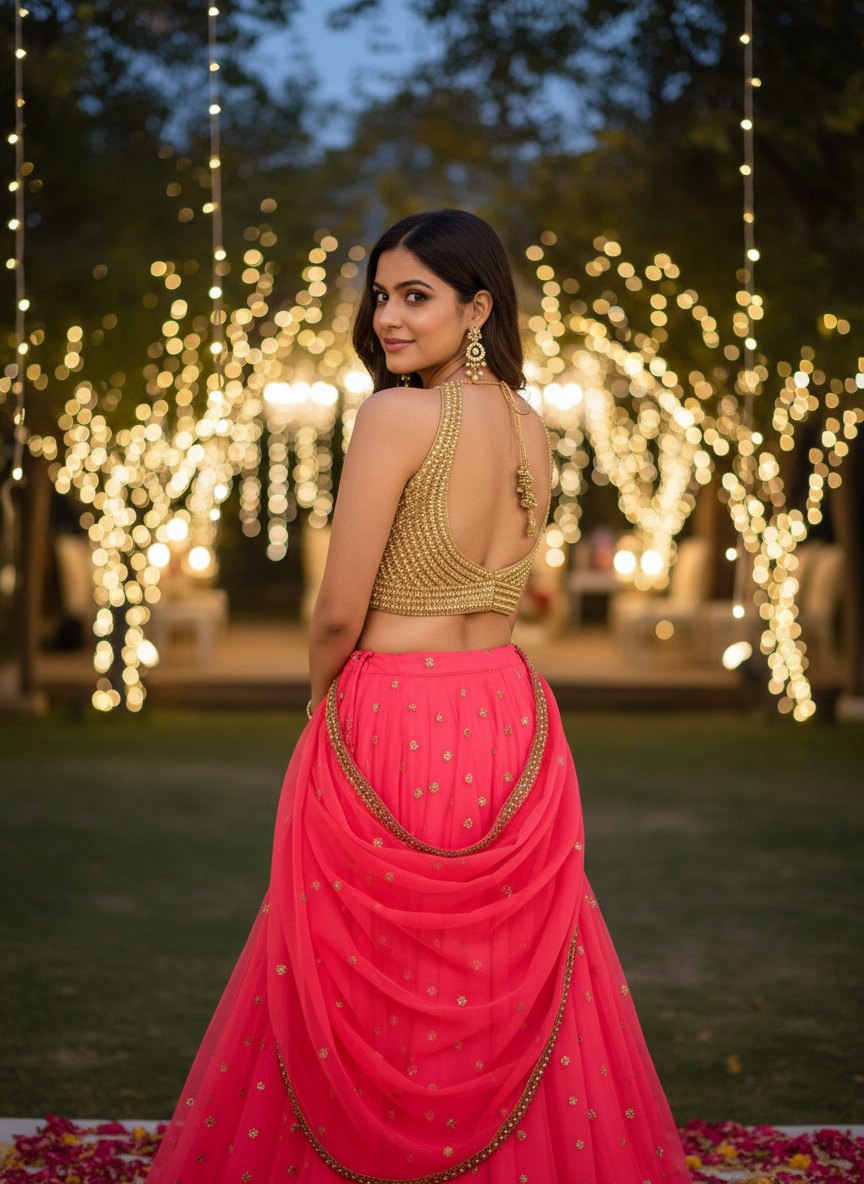 Gold and pink embellished wrap dress