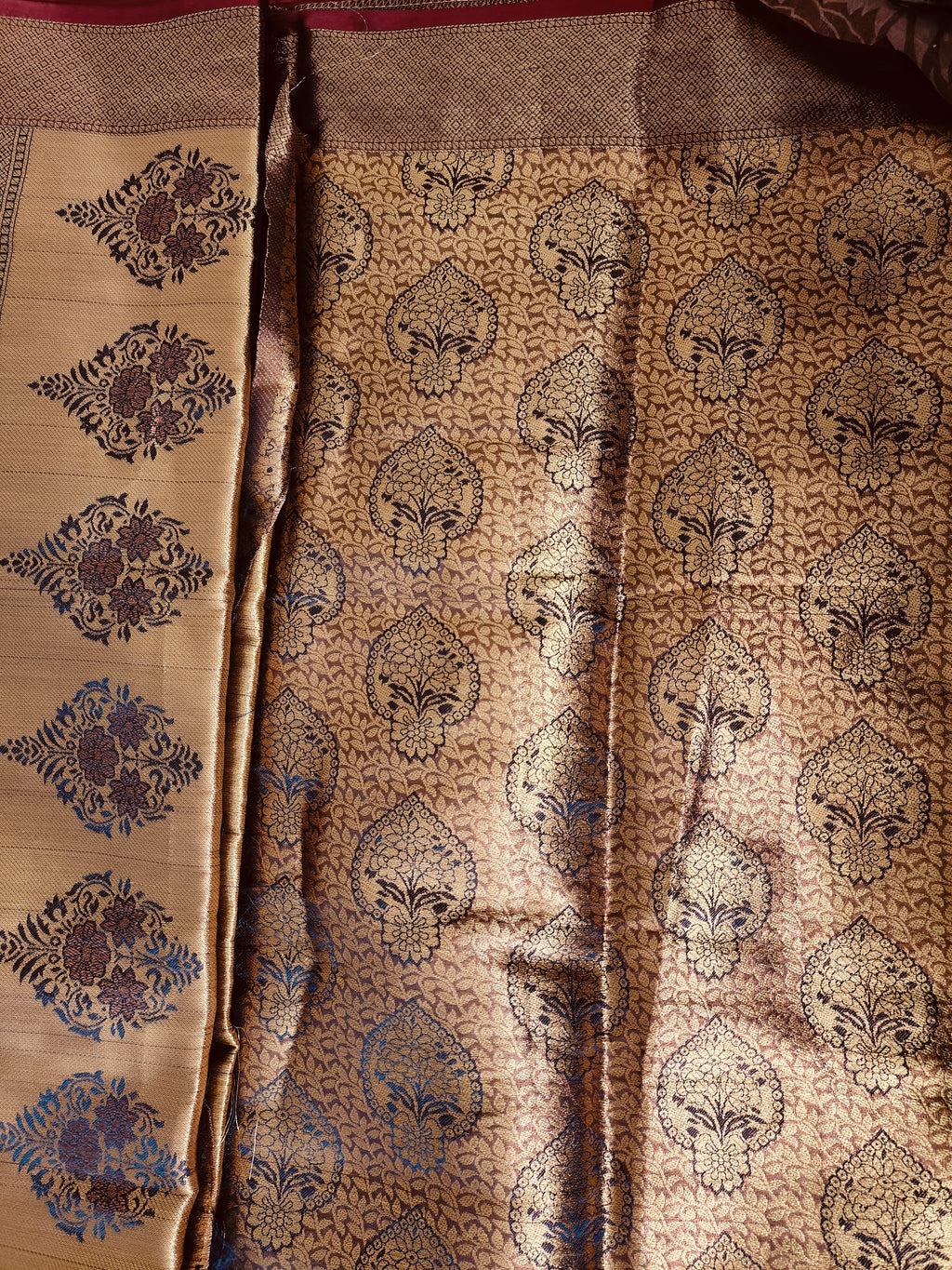 Golden Brown Saree with Black -Maroon print work