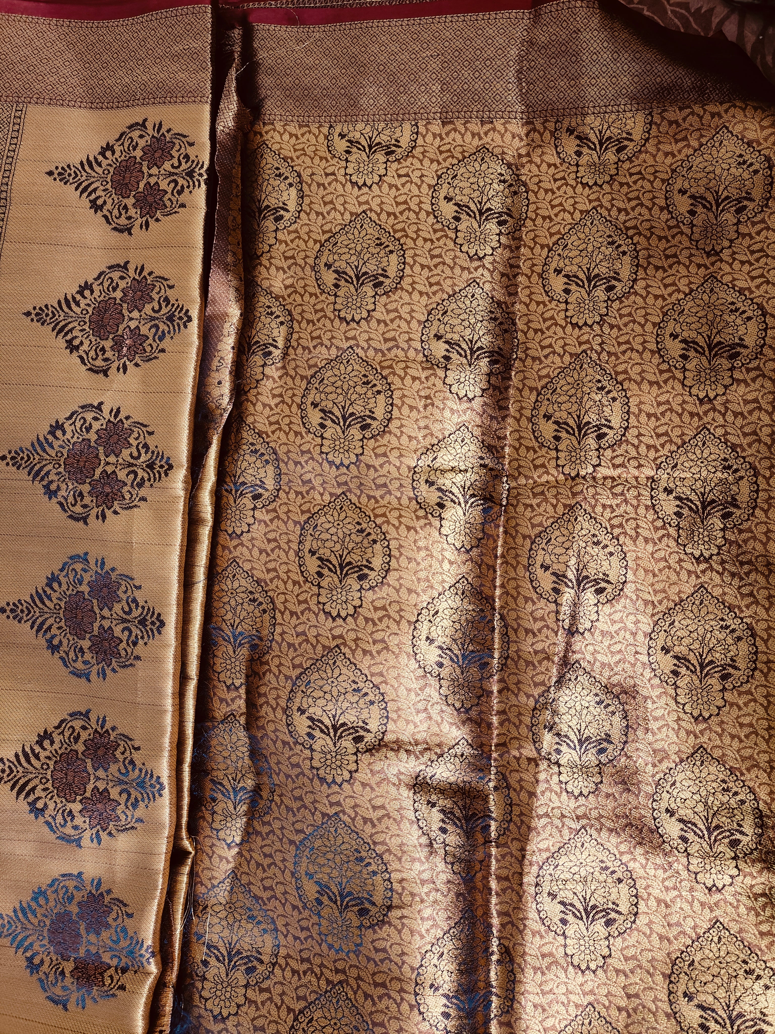 Golden Brown Saree with Black -Maroon print work