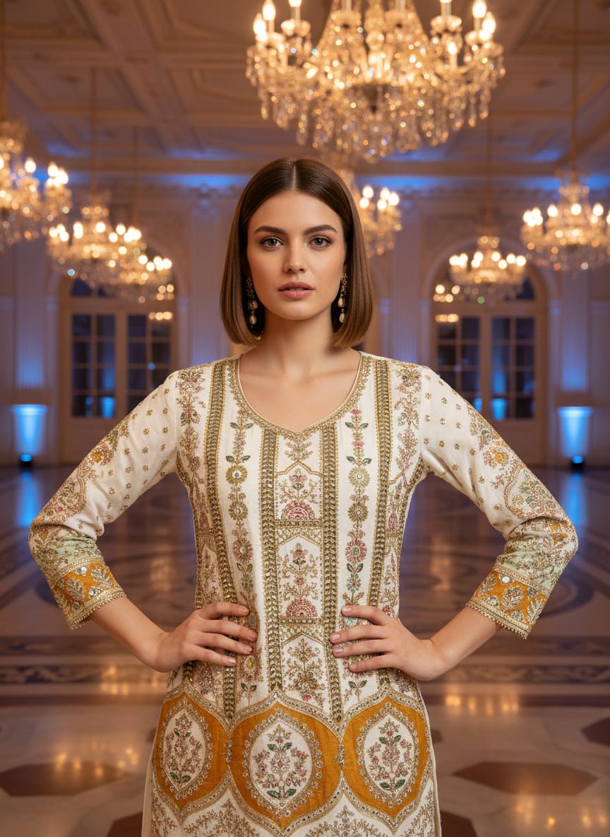 Embroidered white and gold  dress