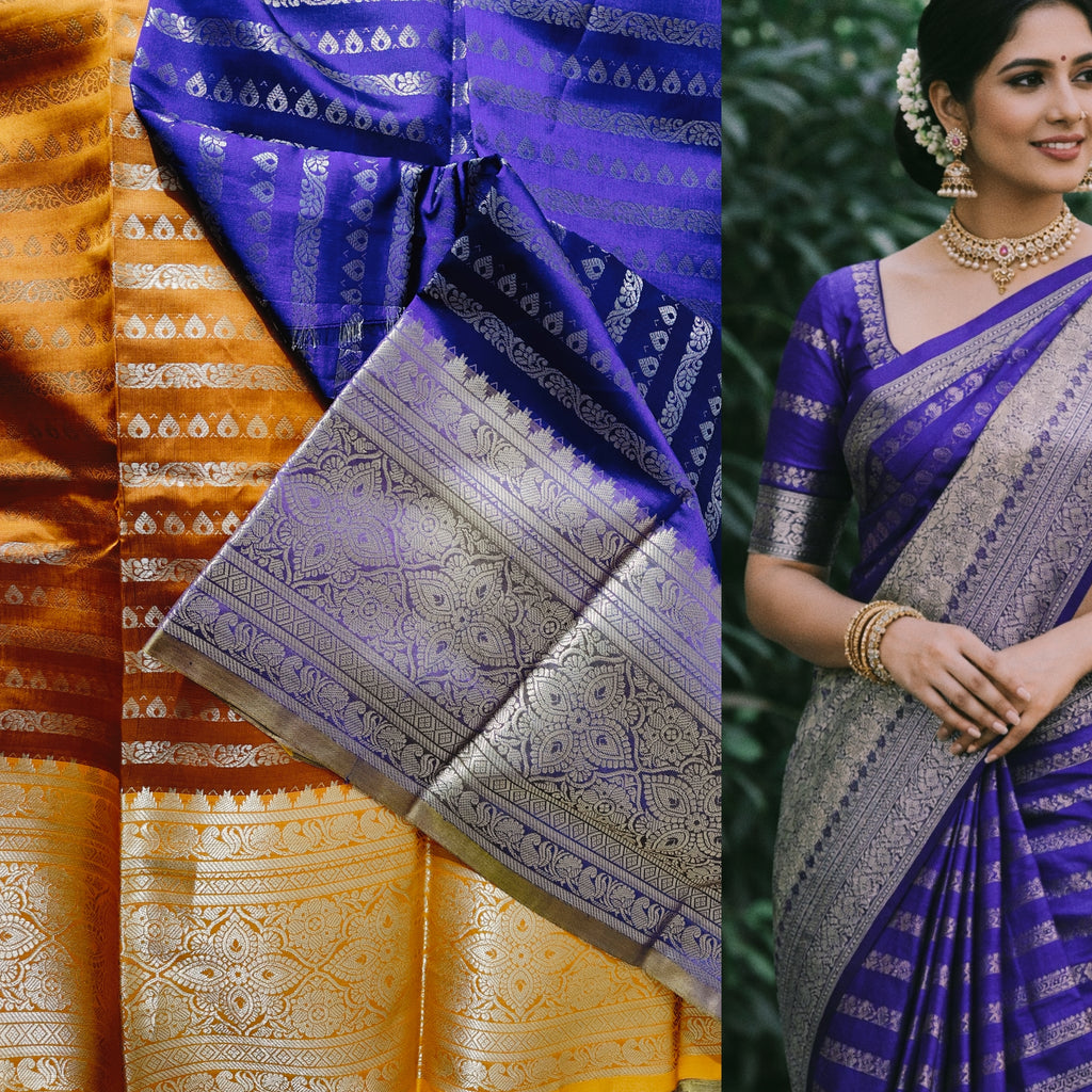 Purple Saree with mustard Pallu ( Silver and purple border )