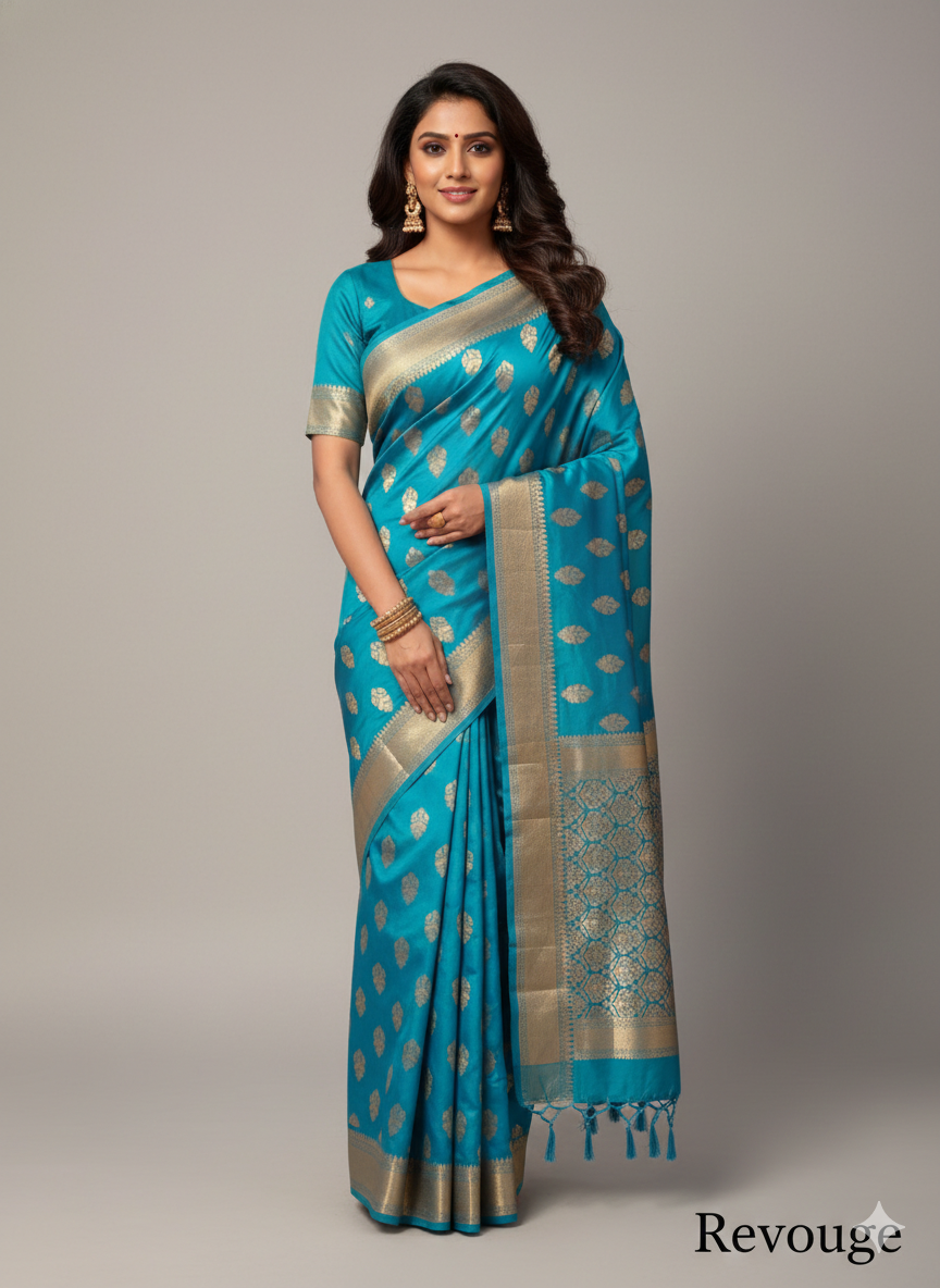Sky Blue and gold festiv wear saree