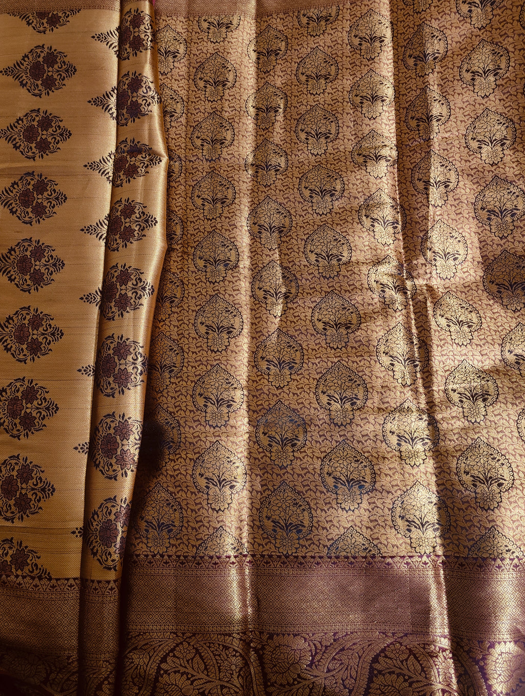 Golden Brown Saree with Black -Maroon print work