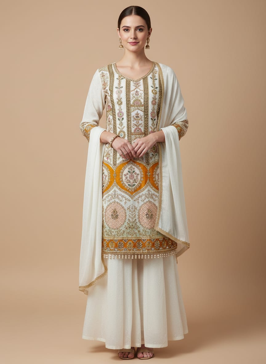 Embroidered white and gold  dress