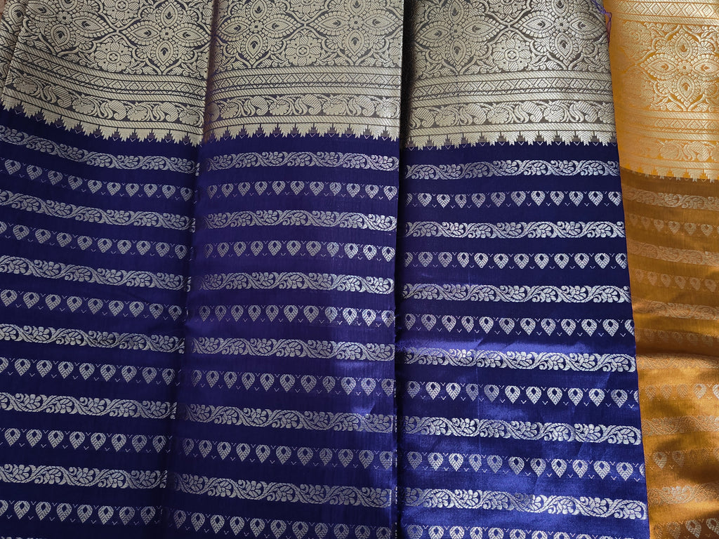 Purple Saree with mustard Pallu ( Silver and purple border )