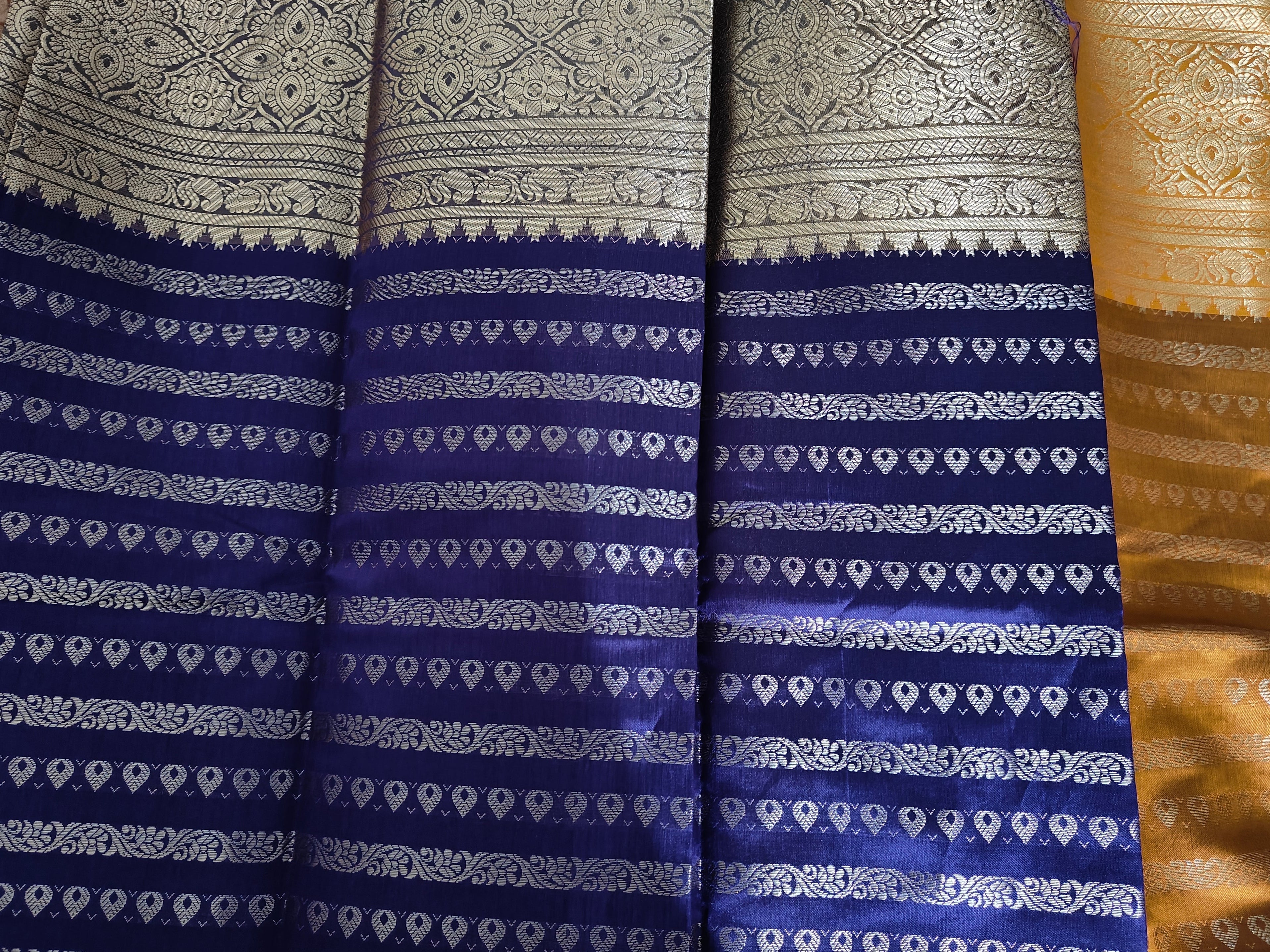 Purple Saree with mustard Pallu ( Silver and purple border )