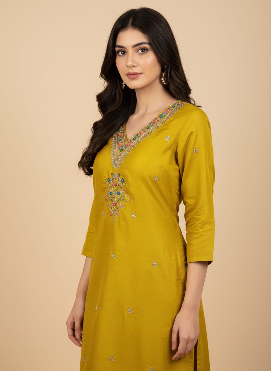 Embroidered kurti -Mustard green