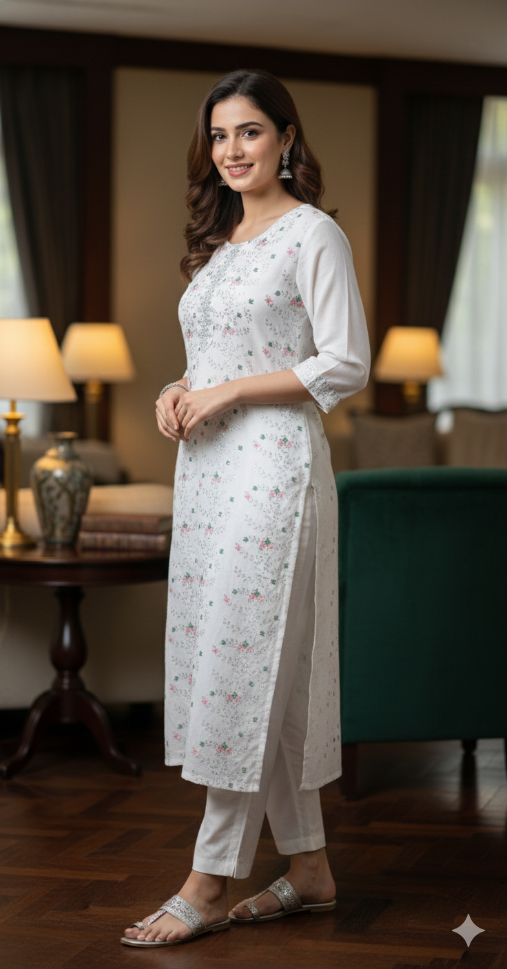White -Silver embroidered Kurti