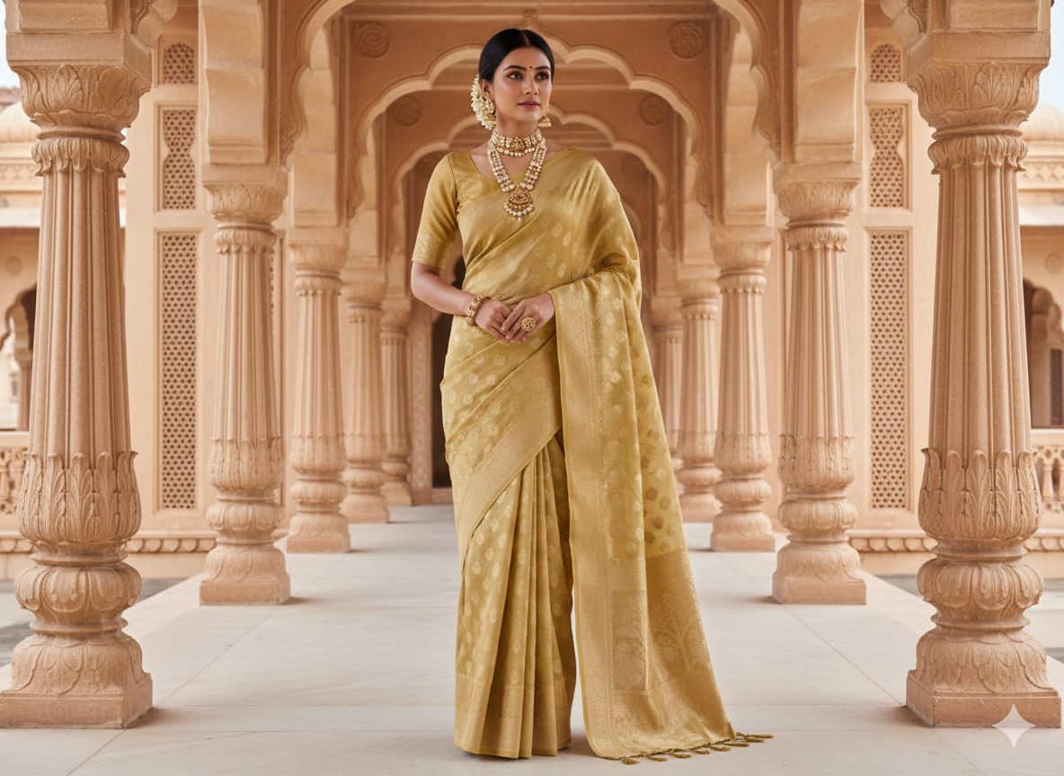 Beautiful Golden tissue mix  saree with hint of Mustard green
