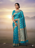 Sky Blue and gold festiv wear saree