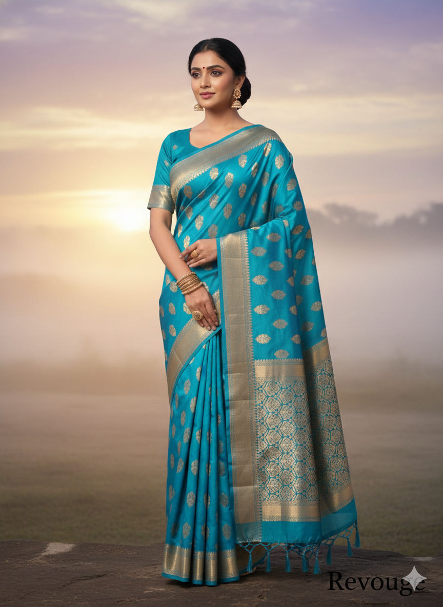 Sky Blue and gold festiv wear saree