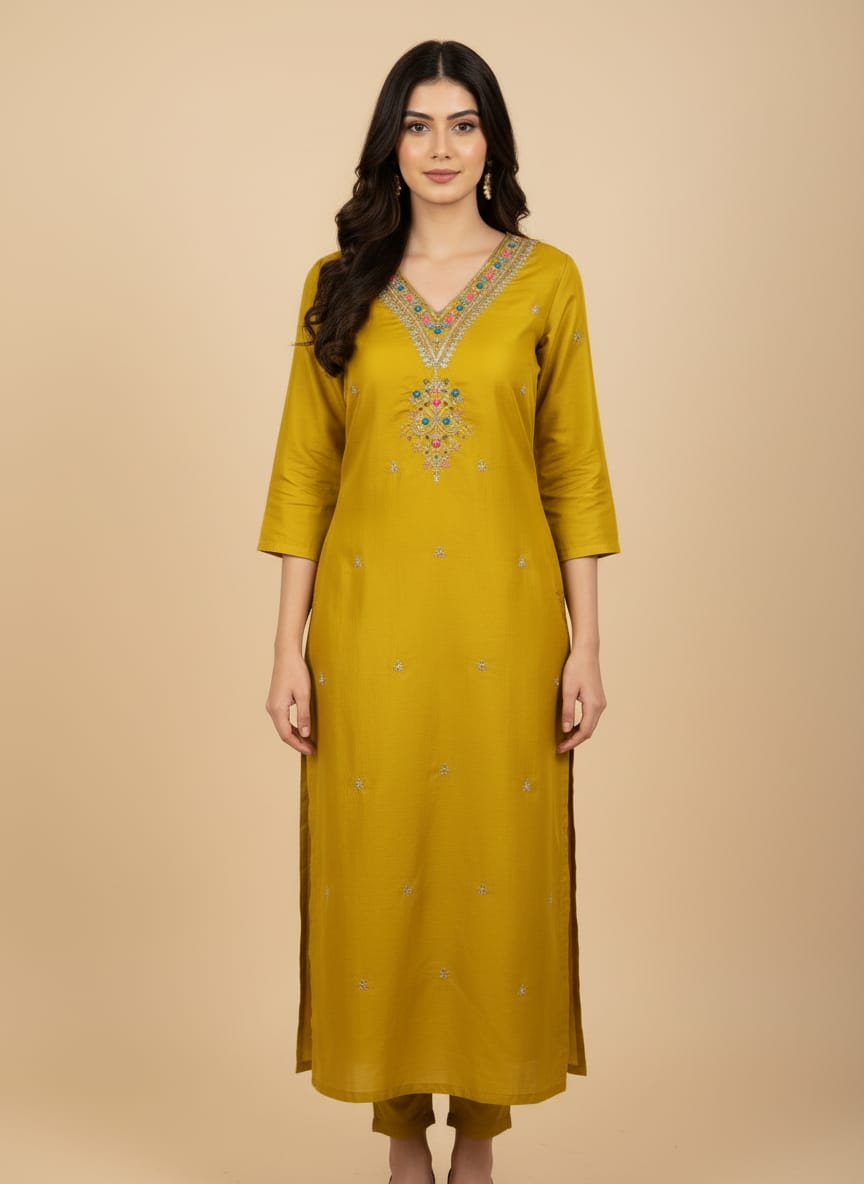 Embroidered kurti -Mustard green