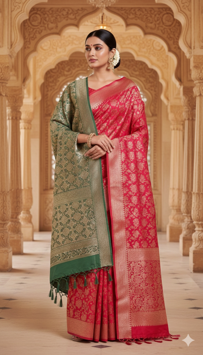Red and Green Budget friendly saree