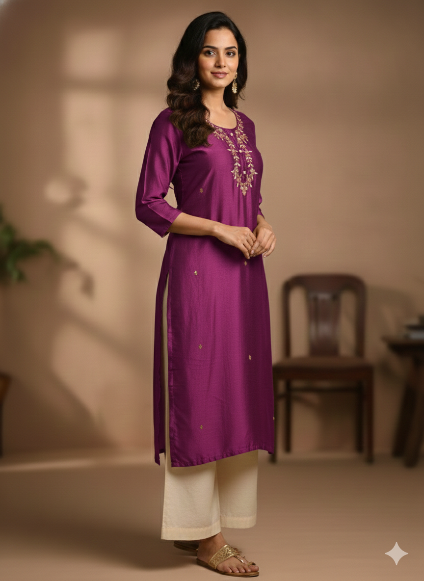 Dark Purple - Maroon Embroidered Kurti