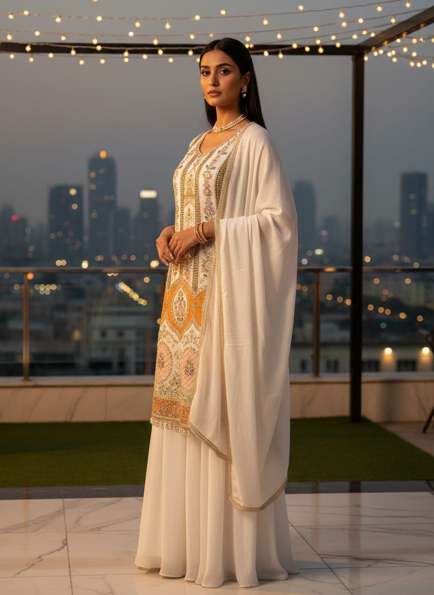 Embroidered white and gold  dress
