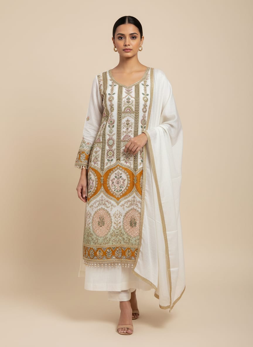 Embroidered white and gold  dress