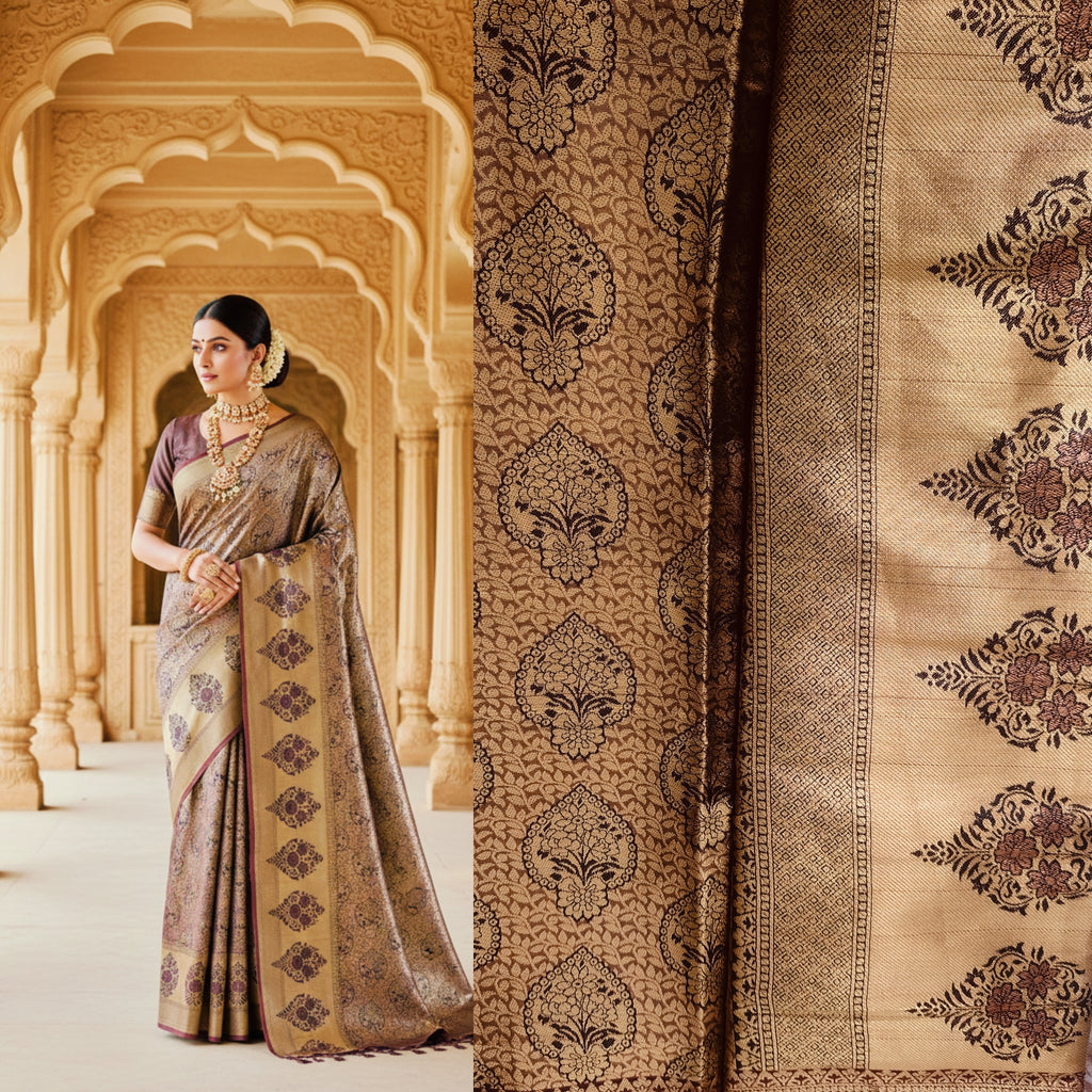 Golden Brown Saree with Black -Maroon print work
