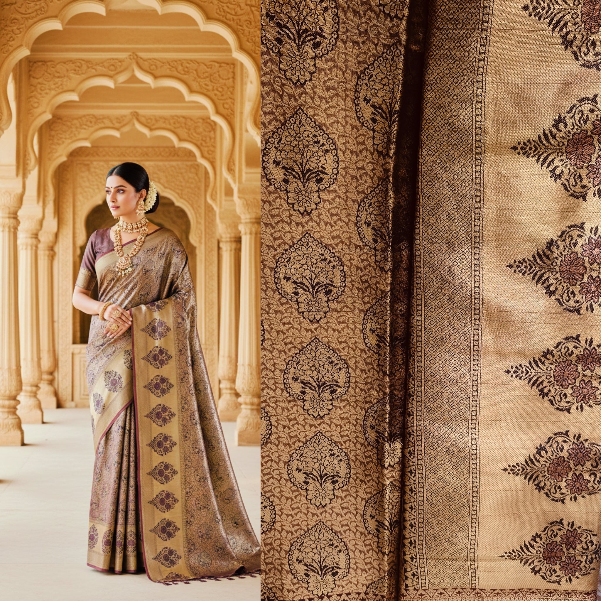 Golden Brown Saree with Black -Maroon print work