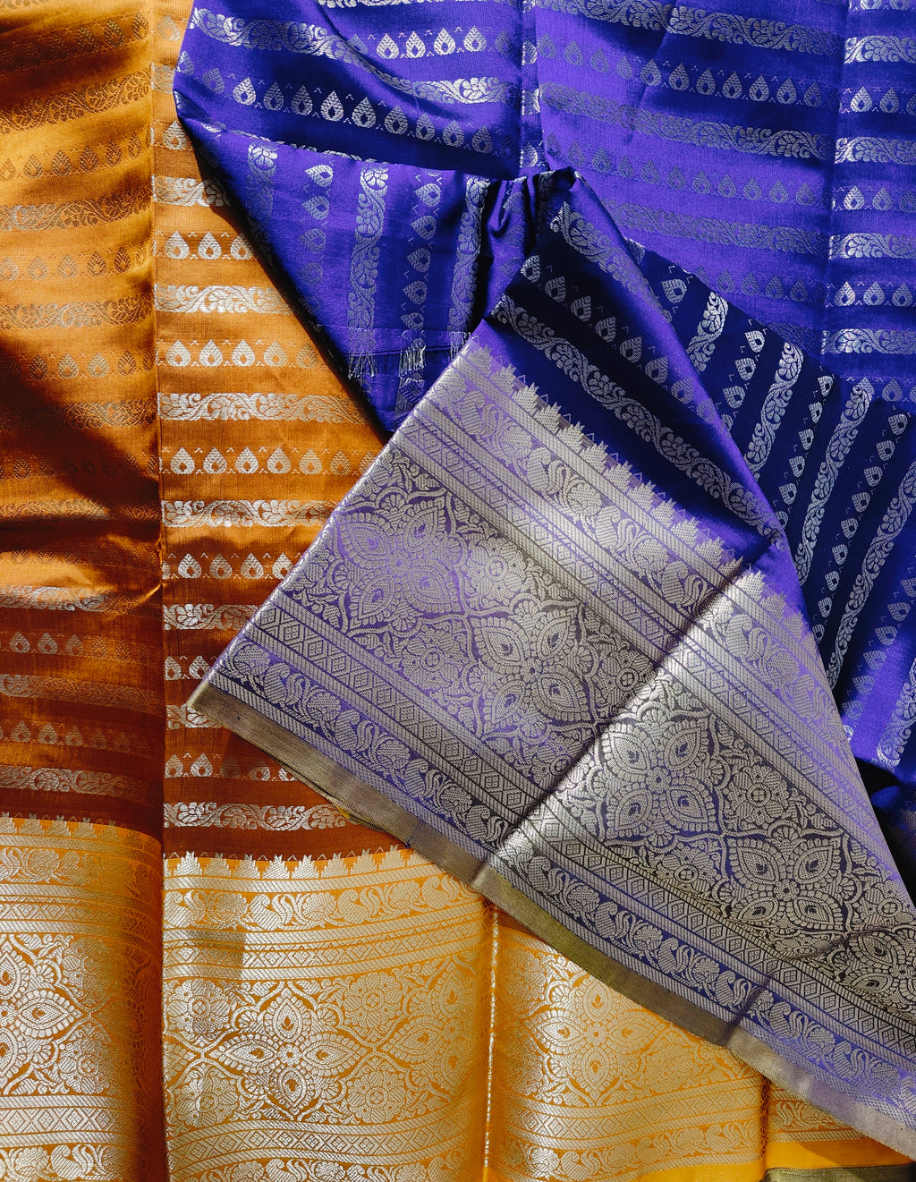 Purple Saree with mustard Pallu ( Silver and purple border )