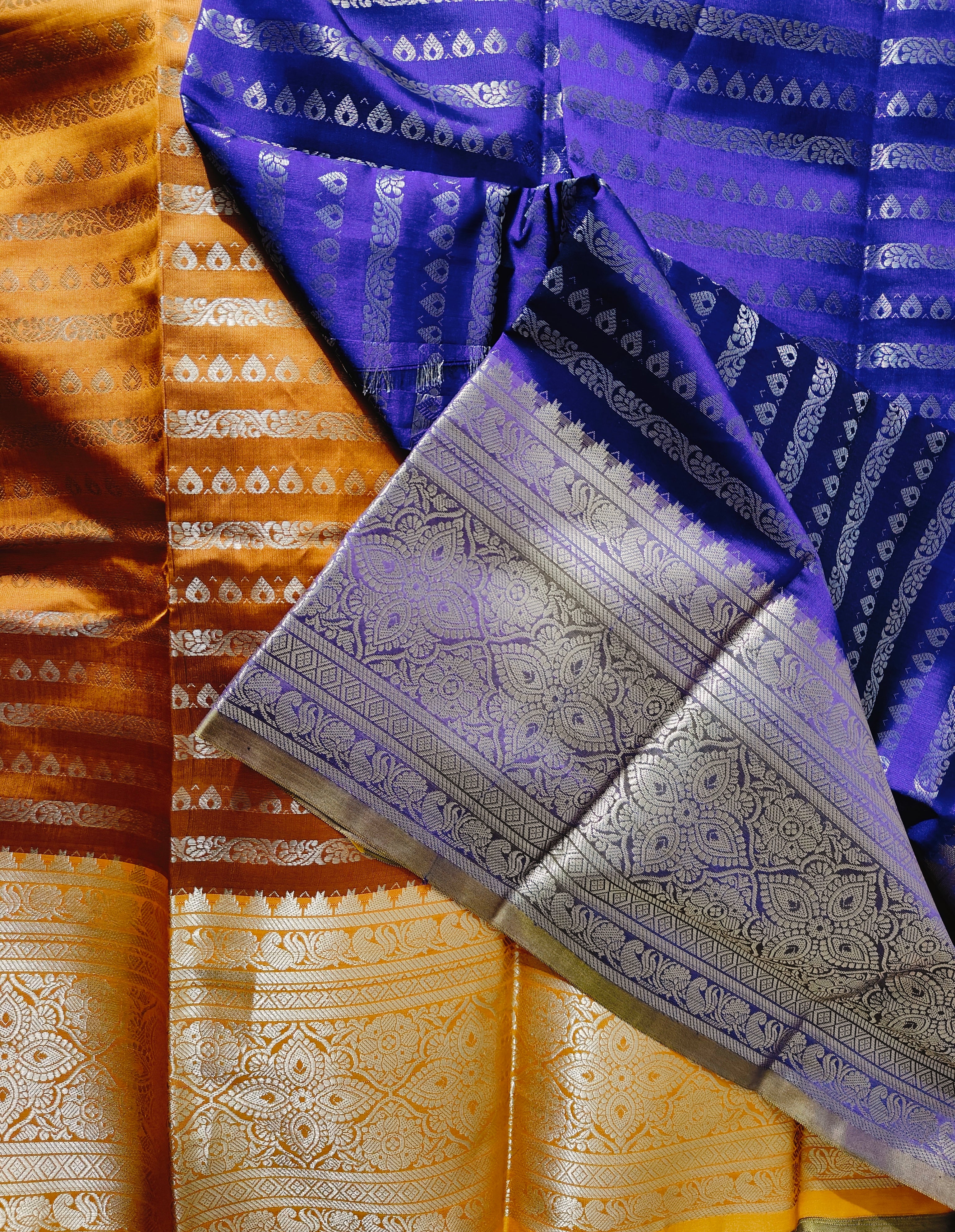 Purple Saree with mustard Pallu ( Silver and purple border )