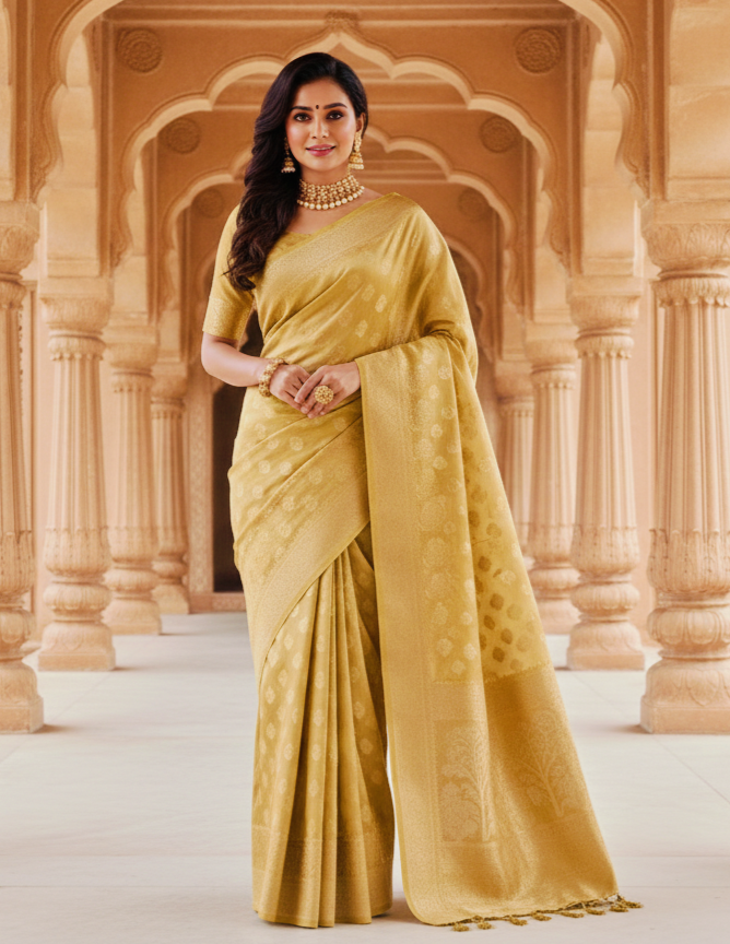 Beautiful Golden tissue mix  saree with hint of Mustard green
