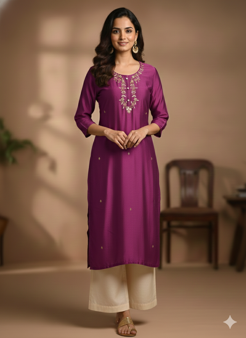 Dark Purple - Maroon Embroidered Kurti